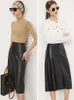 AMII Minimalism Skirt For Women Fashion High Waist Aline s Office Lady Mid Length Female Leather 12140717 220317
