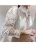 Petal Sleeve Stand Collar Hollow Out Flower Lace Patchwork Shirt Femme Blusas All-match Women Lace Blouse Button White Top 12419 220407