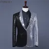 Hommes Argent Noir Contraste Brillant Paillettes Blazer Veste Élégant Col Châle 1 Bouton Discothèque Scène Bal Blazer Masculino 220815