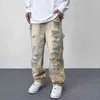Harajuku desgastado a jato de tinta de buraco pintado de bolsos retos de calça jeans de calças de jeans casuais de rua