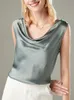 SuyaDream Women Silk Shirt100%Real Satin Draped Collar Sleeveless Tank Tops Solid Summer Vests 220316