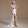 Yüksek yan bölünmüş saten deniz kızı gelinlik v yaka spagetti kayış pliye resmi kadınlar düğün elbisesi CPS1992 UPS