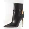 newest Gold lock Ankle Boots for womens shoes Luxury Designer Buckle zipper stiletto Bootie Top quality Cowskin Cashmere Pointed Toes 10.5CM