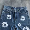 Jeans herr Europeiska och amerikanska Denim Tears Höst Vinter Vintage Blomma Tryck Tvätta lösa raka jeans