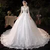 Vintage Ball Wedding Dresses High Neck Train Long Sleeves Sparkle Applique Satin Saudi Arabia Dubai Plus Size Bridal Gown 403