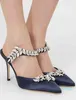 2022 luksusowe sandały luksusowe buty dla kobiet wysokie obcasy liści krystalicznie satynowe muły Sandalias Sandalias Seksowne spiczaste palec u nogi