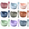 Spädbarnsfoderuppsättningar Småbarn Silikonskålsked Set redskap Baby Silica Gel Solid Nonslip Sug Bowls Spoons Newborn WaterProo7322359