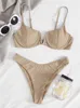 Push Up Bikini Tanga Mujer Traje de baño Sólido Cuello en V Acanalado Traje de baño Bikinis Conjunto Verano Ropa de playa Traje de baño para mujer 220527