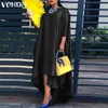 Women Casual 2 3 Sleeve Irregular Maxi Dress VONDA Robe Spring O Neck Asymmetrical Pleated Vestidos Elegant Long Sundress 220613