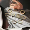 Anéis de cluster 10 peça anel set para mulheres bohemia retro rodada pérola senhoras cor de ouro cruz onda de onda oco dedo jóias