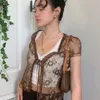 Sweetown Brown Vintage Lace Crop Top Short Sleeve See Through Sexy Mesh Woman Tshirts V Neck Lace Up Floral Kawaii kläder 220617
