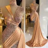 Sparkle 2023 Gold Mermaid Evening Dresses with Over Skirt Sequin Pleat Short Prom Gowns High Collar Ladies Sexy vestido de novia C0630