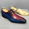 Mens Oxford Shoes Vintage Blue and Red Mixed Colors Design Genuine Cow Leather Dress Shoes Formal Business Office Lace Up Shoes