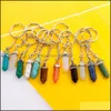 Arts and Crafts Natural Stone Key Chain Ring Hexagonal Prism Keychain Amethyst Rose Quartz Tigers Eye Opal Crystal Keyring Sports2010 Dh8pt