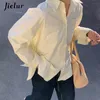 Jielur Fashion Topsレディースシャツシックなターンダウンカラーシャツ長袖イエローホワイトピンクブルーブラウスヒップスター韓国春220513