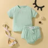 Clothing Sets Toddler Baby Unisex Suit Solid Color Round Neck Short Sleeve TopsPatchwork Bandage Shorts Girl Boy Set7522273