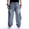 Hip hop jeans män sidfickor denim overall byxor harems stora storlek 44 baggy lös passform man 220328