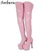 Sorbern Yellow Patent Crotch Thigh High Boots Women Block High Heels Custom Wide Calf Long Boot Platform Chunky Heel Shoes