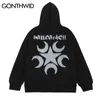 Hip Hop Winterjacke Streetwear Vintage Print Distressed Fleece Reißverschluss Kapuzenmäntel Herren Baumwolle Gothic Punk Jacken Schwarz Grau 220727