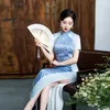 Kinesisk festklänning Kvinnors långa cheongsam klänning sexig orientalisk kvinnlig vestido blå qipao asiatiska eleganta smala kvinnor kläder