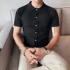 영국 스타일 패션 그리드 니트 폴로 남성 의류 간단한 턴 다운 칼라 슬림 피트 캐주얼 티셔츠 옴므 짧은 소매 220402