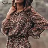 Southpire Black Floral Print A-Line Ruffle Vintage Dres's Long Sleeve Sexy Mini Casual Party Daily Ladies Clothes 220321