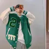 High Street Baseball Jacket Мужчины PU Кожаное Сращивание Полотенце Вышивка Университетские Куртки Старинные Свободные Причинные Пальто Пара Зеленая Куртка T220816