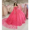 Watermelon Red Butterfly Appliques Lace Quinceanera Dress Ball Gown With Cloak Off The Shoulder Sweet 15 Vestidos De XV Anos
