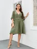 Plus Size Dresses Casual Dress Woman 2022 Summer Female V Neck Half Sleeve Solid Midi Belted High Waist Beach DressesPlus