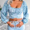 Fashion Floral Women Crop Top Casual Square Collar Long Sleeve Tops Sexy Backless Bandage Chiffon T Shirt White Blouses 220608