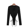 Sexy Woman Black Knitted V Neck Bodysuits Spring Fashion Ladies Slim Drawstring Bodysuit Female Chic Button Knitwear 210515