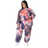 Kvinnors Plus Size Tracksuits 2022 Vår Höst Europeisk och Amerikansk stil Fat MM Casual Tie Dyed Printed Sweater Two Piece Set Suit