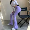 Pantalon Femme Capris Qingwen Dames Violet Pantalon de survêtement côtelé Été Streetwear Skinny Élastique Flare Femmes Casual Taille Haute