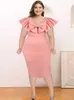 Plus Size Kleider Rosa Kleid Damen Party 2022 Elegant Rüschen Schleife V-Ausschnitt Slim Fit Robe Ärmellos Sexy Midi Geburtstag Event African SummerPlus