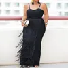 Plus Size Dresses Black Long Spaghetti Strap High Waist Tassel Evening Cocktail Party Gowns Fringe Outfits Drop Autumn3267