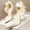 2022 Korean fashion pointed satin high heels bow sexy pearl sandals stiletto shallow mouth wedding shoes G220518