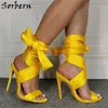 Sorbern Yellow Satin Mulheres Sandálias Largal Strap High Heel Stilettos Sapatos de Verão Ankle Strap Mulheres Sapatos Tamanho 42