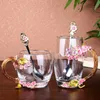 Muggar 3D Rose Butterfly Glass Cups Emamel Coffee Flower Te Cup Mug Bring Spoon Set and Cold Drinks Wedding GiftMugsMugs