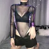 Pontas de duas peças da feminina Trend Women Women Sexy Bodysuit Beach Club Party Sheer Mesh FishNet Longa de Tartaruga Longa Pescoço Ver através do Playsuit J