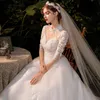 Vintage Ball Wedding Dresses High Neck Train Long Sleeves Sparkle Applique Satin Saudi Arabia Dubai Plus Size Bridal Gown 403