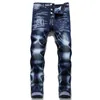 Мужские дизайнерские графические джинсы скинни дистресс брюки с вышивкой с вышивкой.