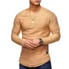Solidny kolor rękawy plisowany detale łatki Tshirt długie rękawie Mężczyźni Sprężyny swobodny topy pullover moda Slim Basic Tops 220813