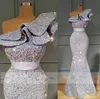 Elegant Silver Sequins Mermaid Evening Dresses 2022 One Shoulder Sweep Train Plus Size Formal Prom Party Gowns Vestidos De Novia