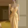 Champagne Mermaid Prom Dresses Princess Bateau Appliques Sequins Beads Satin Lace Long Sleeves Side Slit Floor Length Party Gowns Plus Size Custom Made