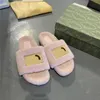 Woman Slippers Indoor One Word Drag Cashmere Flats Beige Slipper Rubber Soles Fluffy Furry Embroidered Slides with Box Shoe Size 35-42