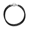 Genuine Women Bracelets 100% 925 Silver Charms pandora Black Double Circle Cow Leather Round Buckle Woven Leather Bracelet 590745