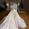 2022 Wspaniałe suknie ślubne z koralikami suknia ślubna jedno ramię długie rękawy Perły Satynowe zamiatanie pociągu wykonane na zamówienie plaż