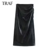 Traf damskie kieszenie modowe długie rękawowe otchłani w otwory żeńska odzież wierzchnia faux skórzana luźna płaszcz blezerowy eleganckie topy L220801