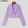 Moda Erkekler Blazer Katı Renk Yaka Bir Düğme Cepler Kırpma Mont Erkekler Streetwear Uzun Kollu Seksi Casual Ince Suits 5XL Incerun 220409