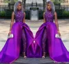 2022 Purple Jumpsuits Prom Dresses With Detachable Train High Neck Lace Appliqued Bead Evening Gowns Luxury African Party Gowns PRO232